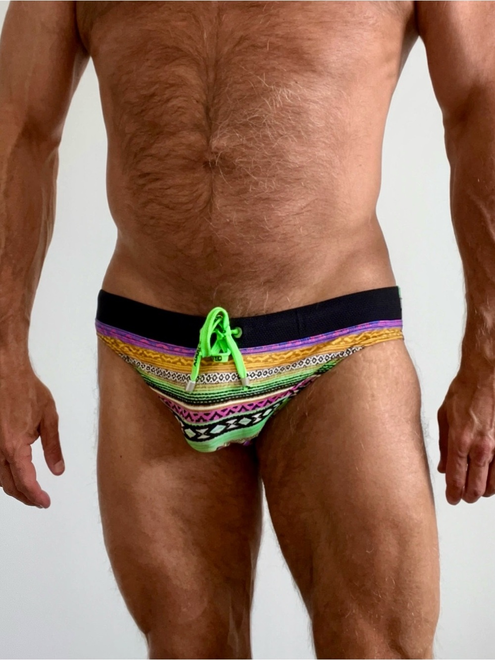 Addicted Brands Neon Green Tie Tribal Swim Briefs, medium, multicolor, EUC